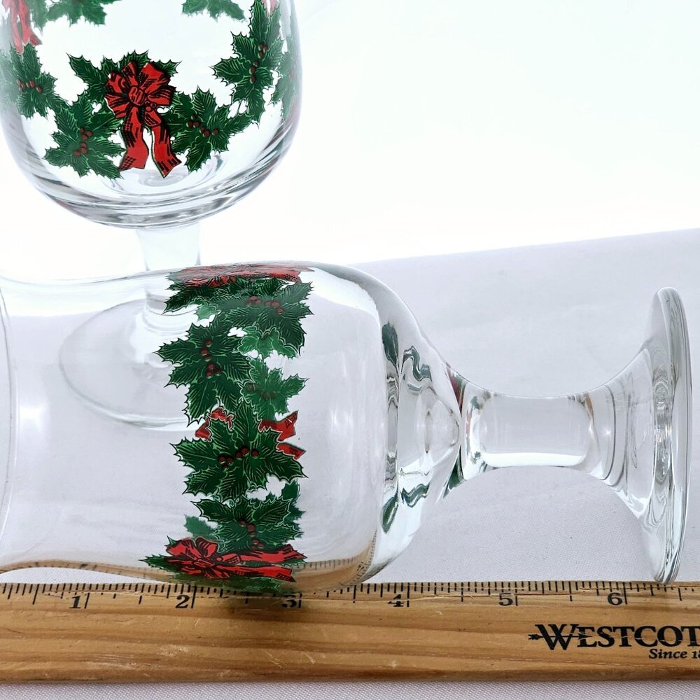 Libbey Christmas Holly Red Bows Water Wine Glasses 6.25" set/2 fluffy greenery - Picture 8 of 9